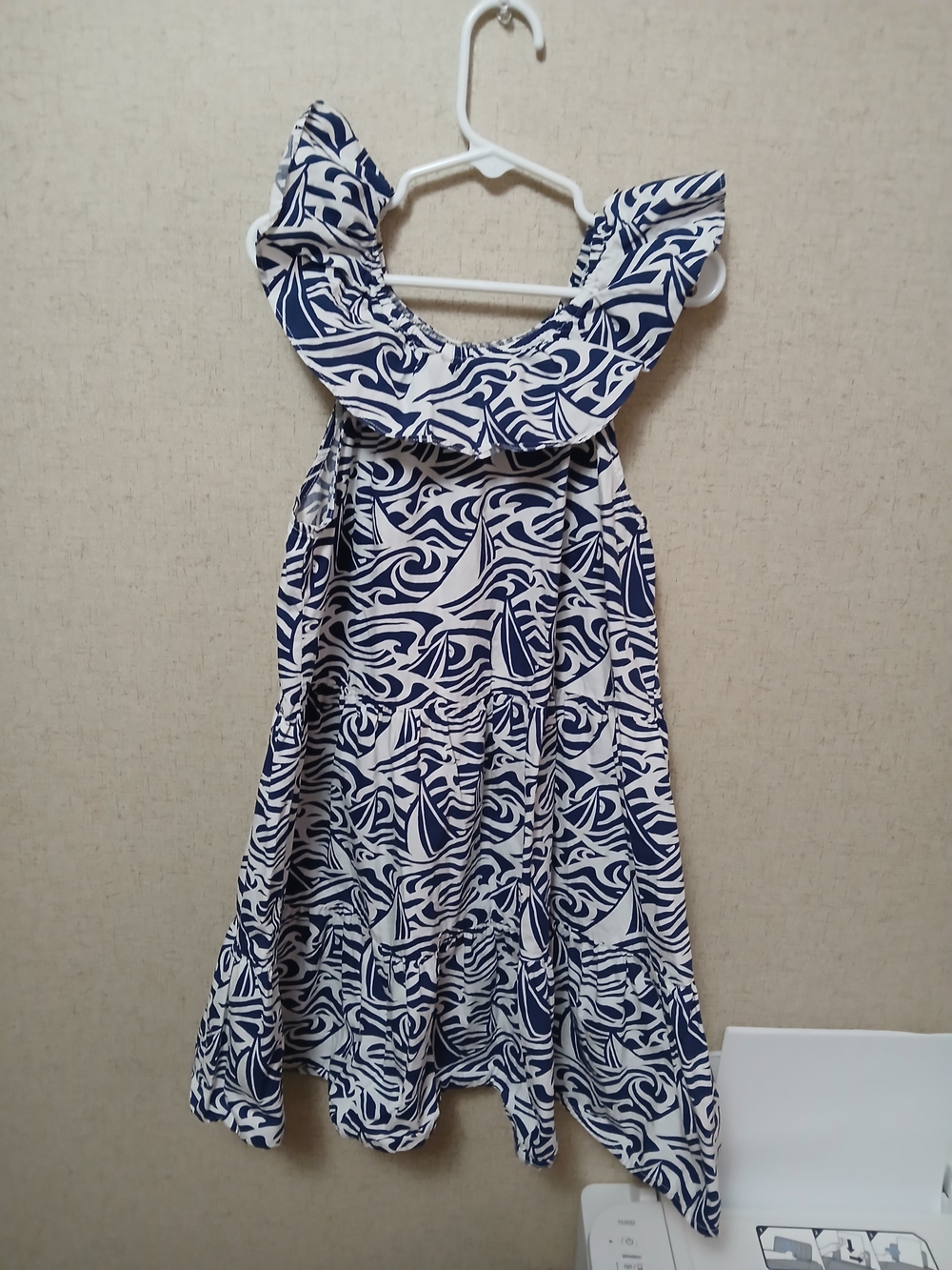 Vineyard Vines Navy and White Sailboat Ruffle-Trim Dress